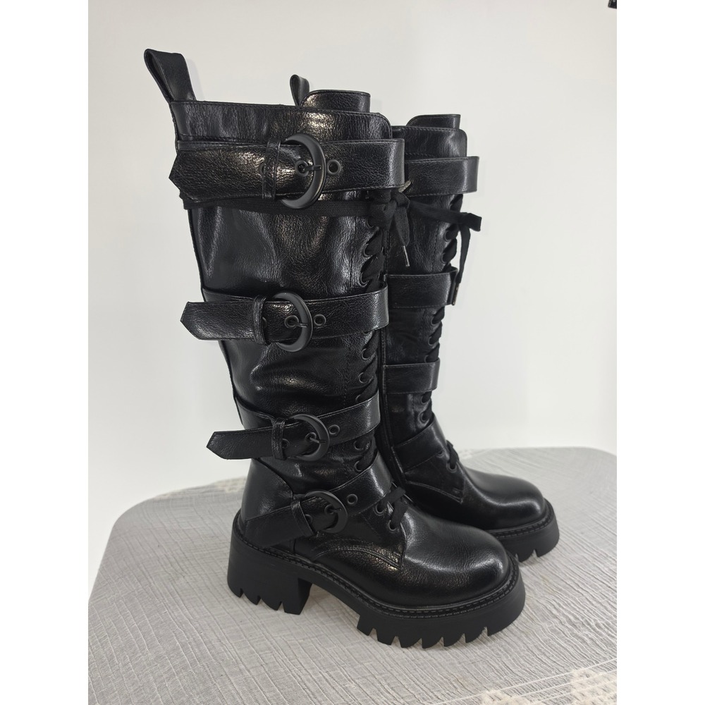 Killstar Nihilist Black Buckle Combat Boots Vegan Leather Goth Lug Sole US 6